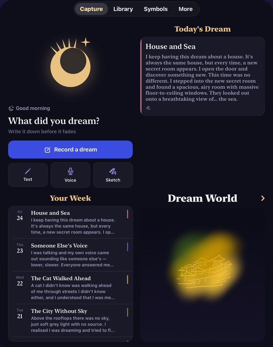 The Onar home screen on iPad, showing today's dream, the week, and the Dream World map