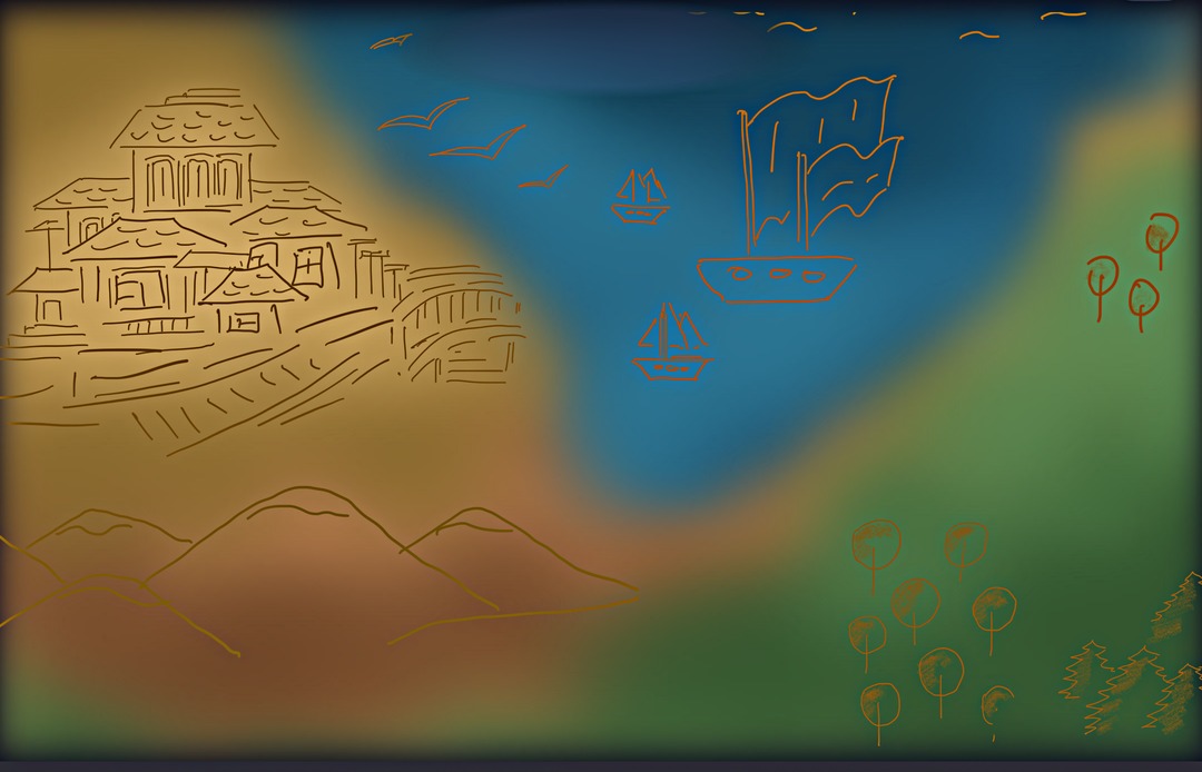 A hand-drawn dream map with a town, a sea, mountains and a forest